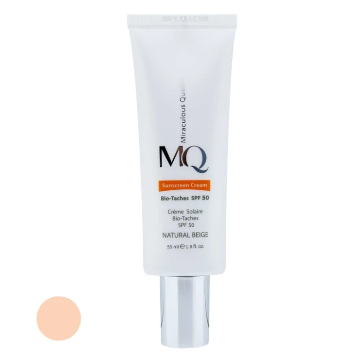 کرم ضدآفتاب رنگی ام کیو SPF50 مدل NATURAL BEIGE BIO TACHES مناسب انواع پوست، حجم 55 میلی‌لیتر